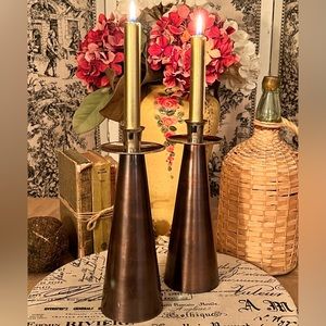 Modern Taper Matte Bronze & Silver Candle Holder Set/2